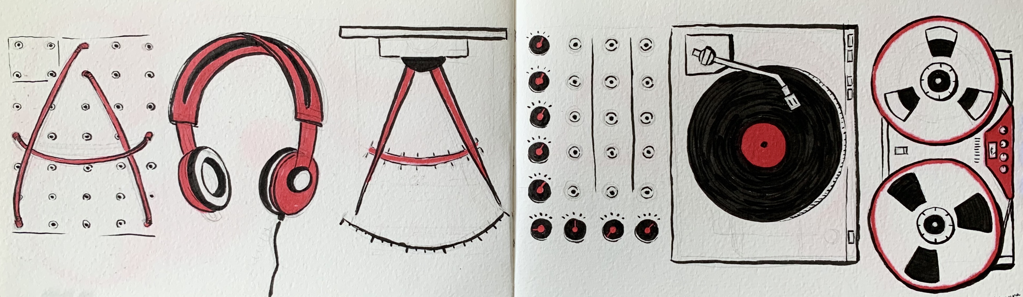 a google doodle influenced drawing by alleanna harris of the word analog composed of wires, headphones, knobs, a turn table, and a reel to reel.