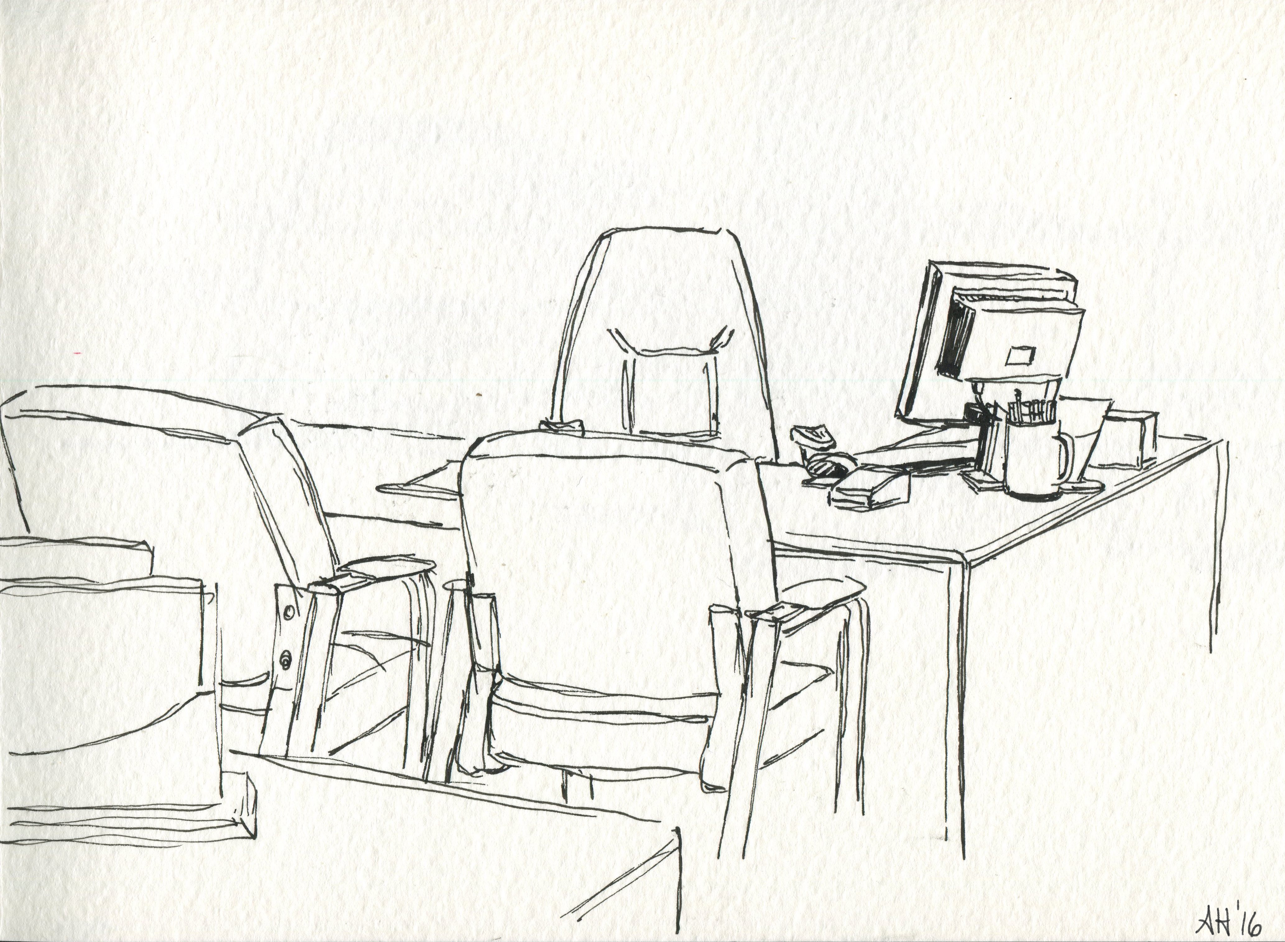 a sketch of an empty office desk at a bank by alleanna harris