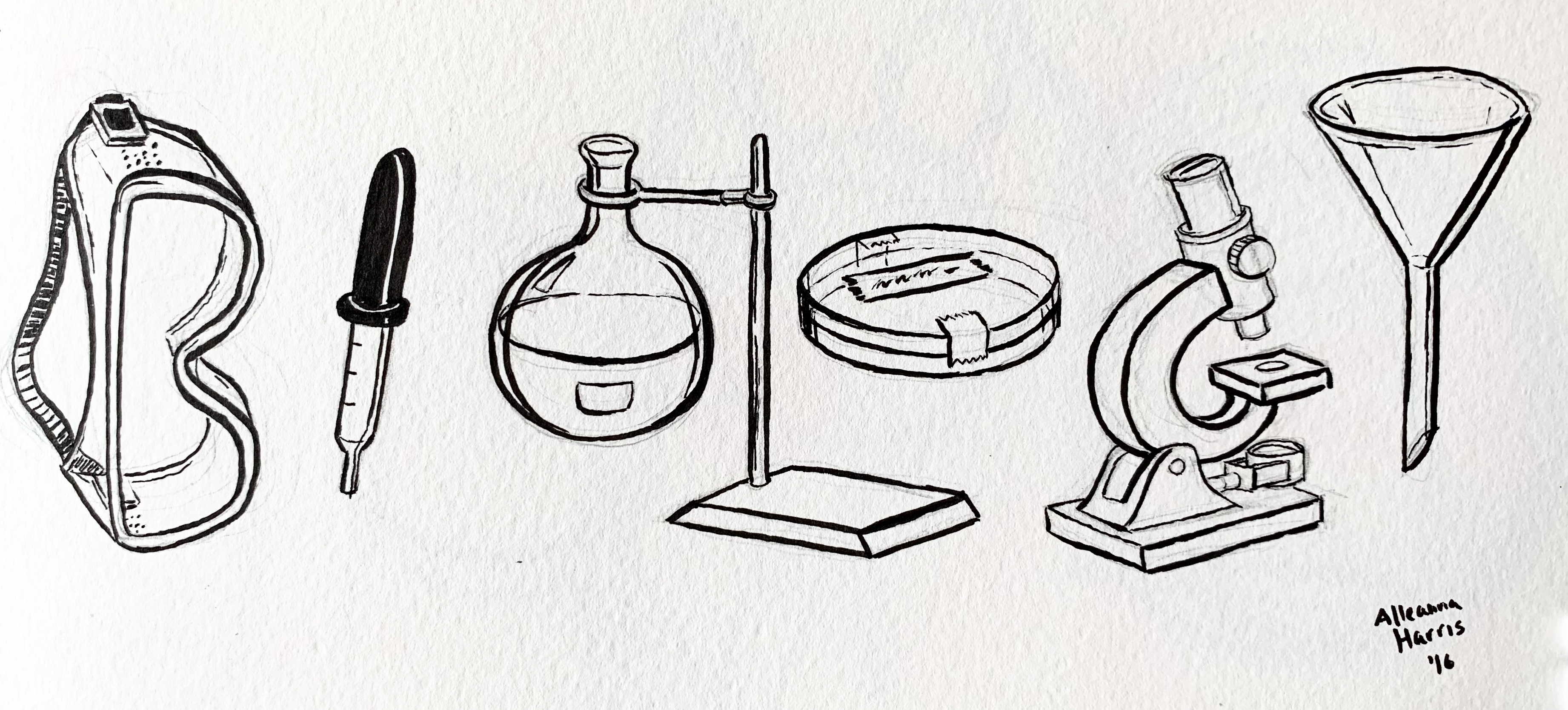 A google doodle influenced drawing by alleanna harris of the word biology made up up drawings of goggles, a dropper, a flask, a petri disk, a microscope, and a funnel.
