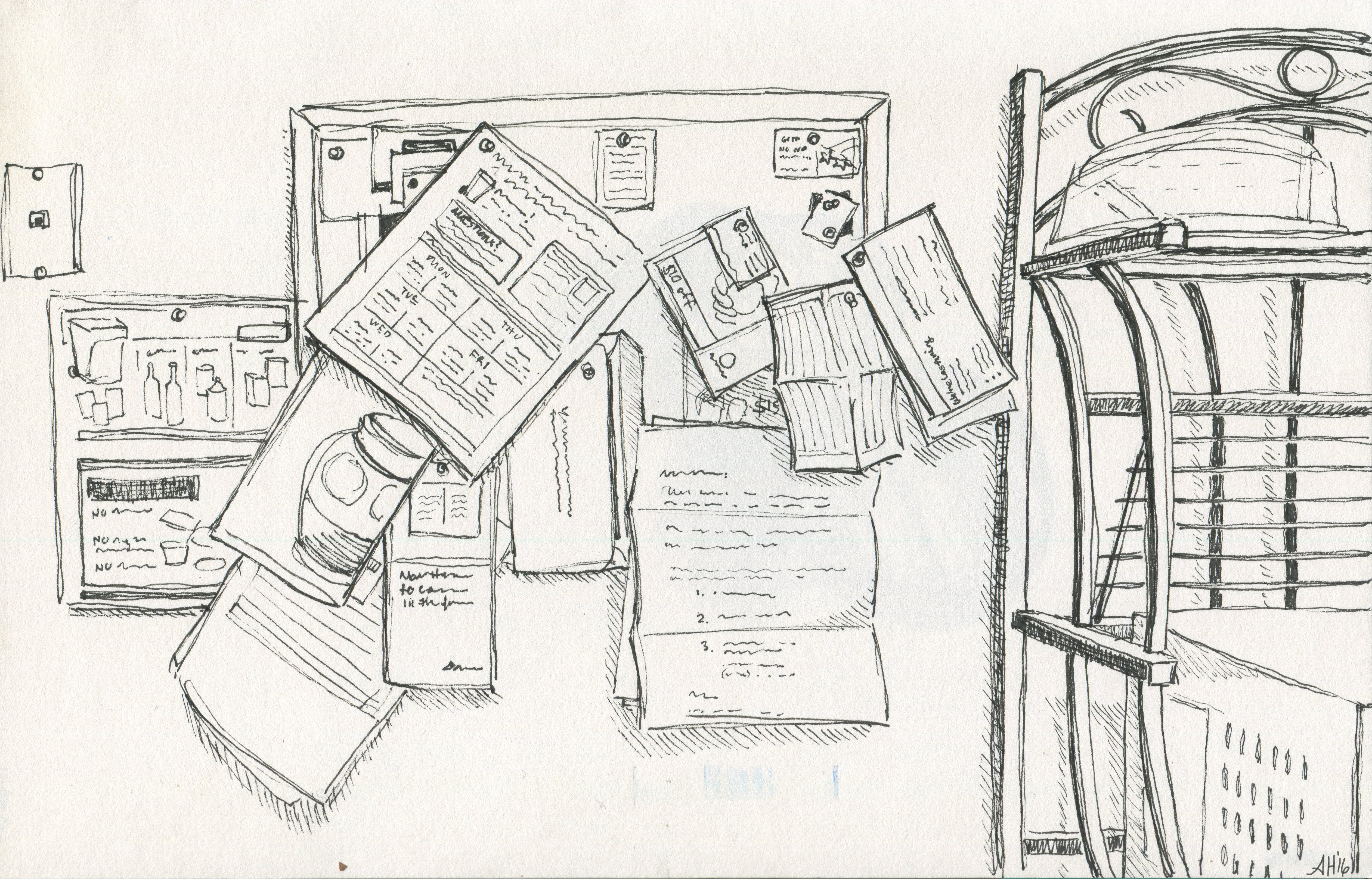 a sketch by alleanna harris of the bulletin board in my kitchen.