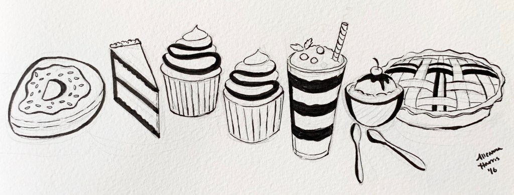 A google doodle influenced drawing by alleanna harris of the word dessert composed of drawings of various desserts.