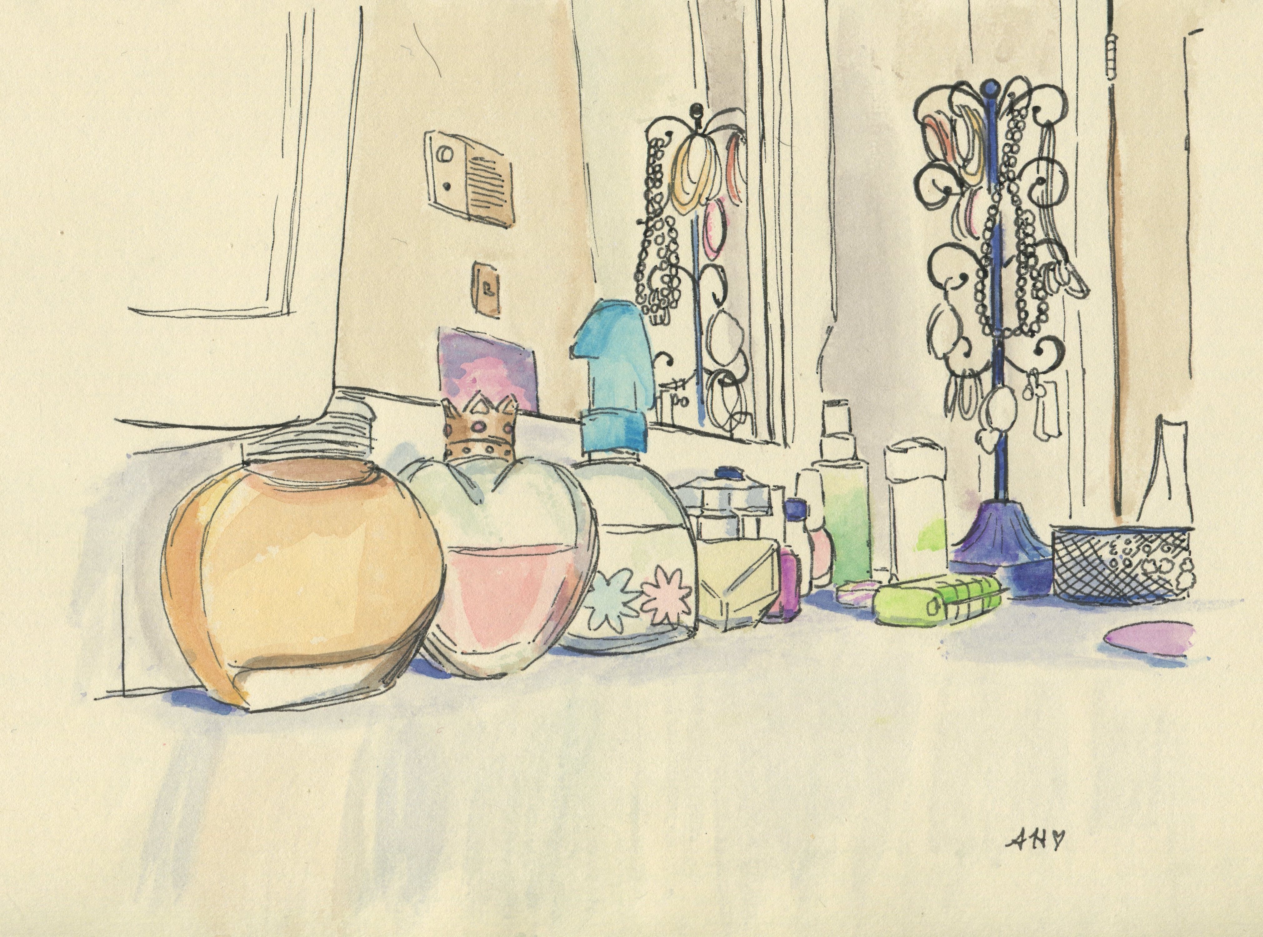 a sketch of various items on my bedroom dresser