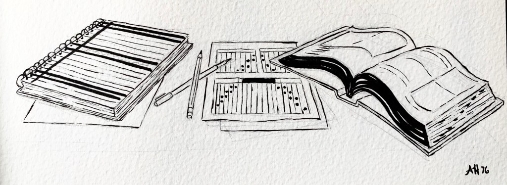 A google doodle influenced drawing by alleanna harris of the word exam composed of a notebook, pen, pencil, paper, and a book.