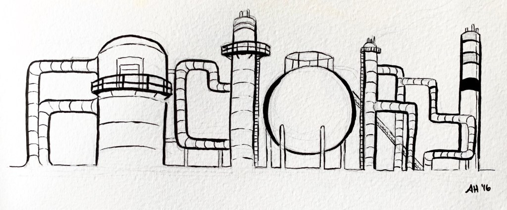 A google doodle influenced drawing by alleanna harris of the word factory composed of drawing of tubes and oil refinery buildings.