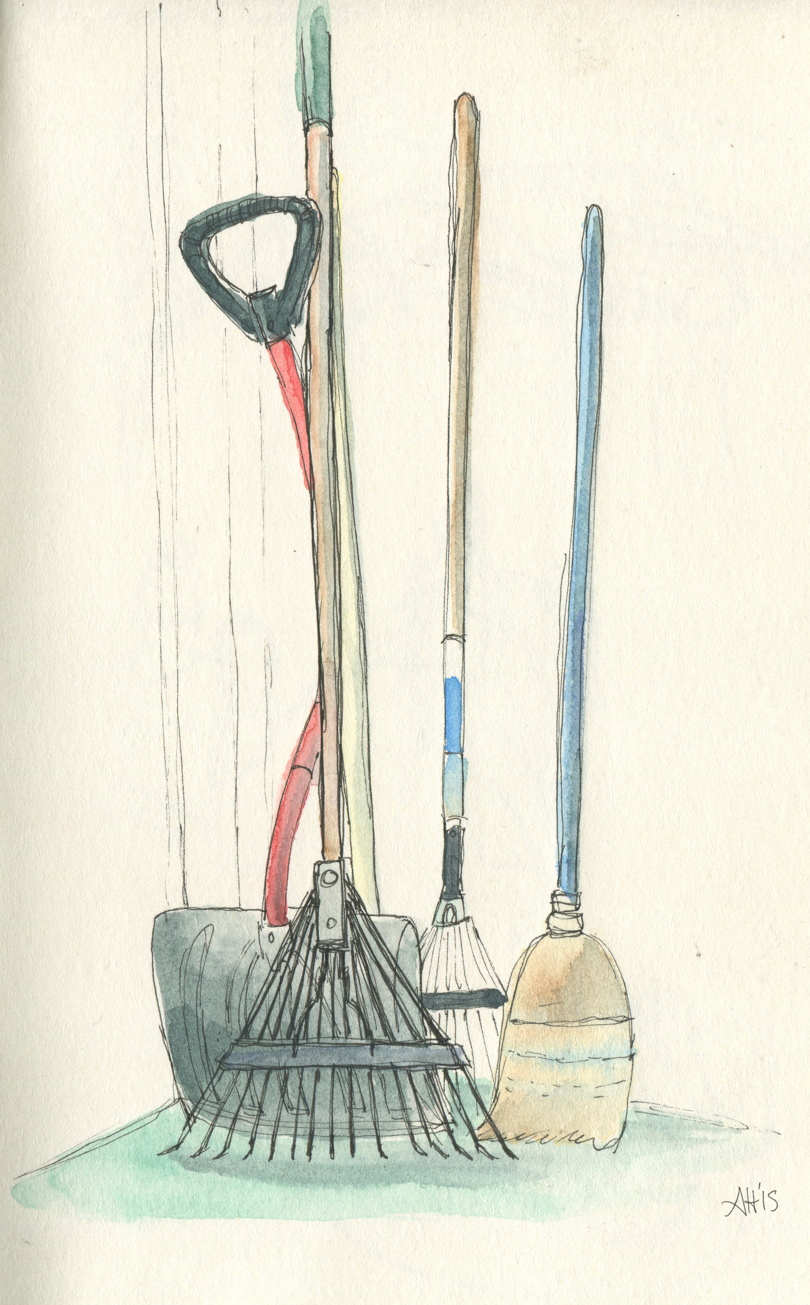 a sketch of a shovel, two rakes, and a broom leaning against the front porch by alleanna harris