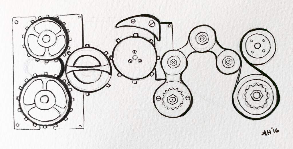 A google doodle influenced drawing by alleanna harris of the word gears composed of drawings of mechanical gears.