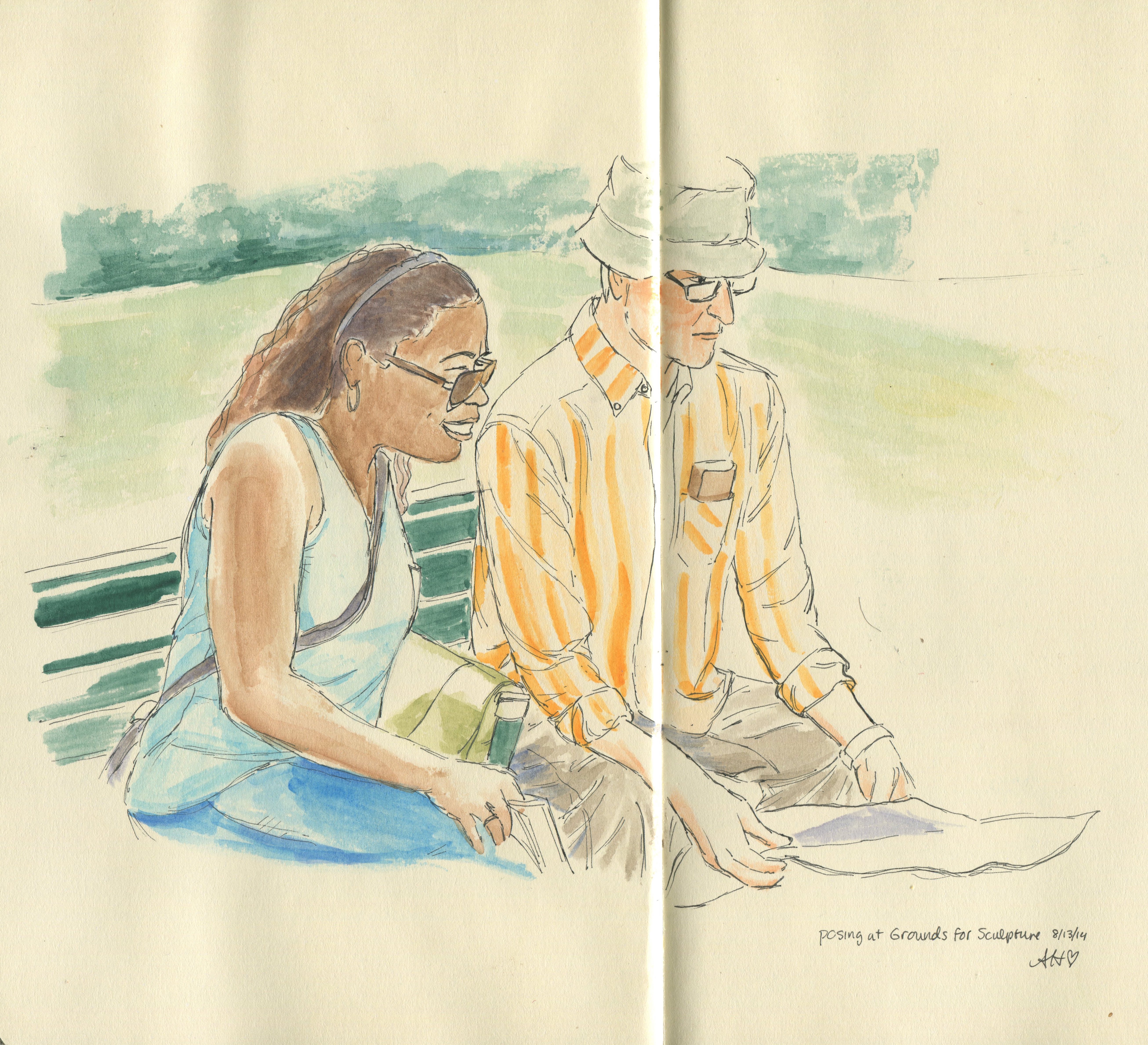 a sketch of my mom sitting next to a lifelike statue in grounds for sculpture