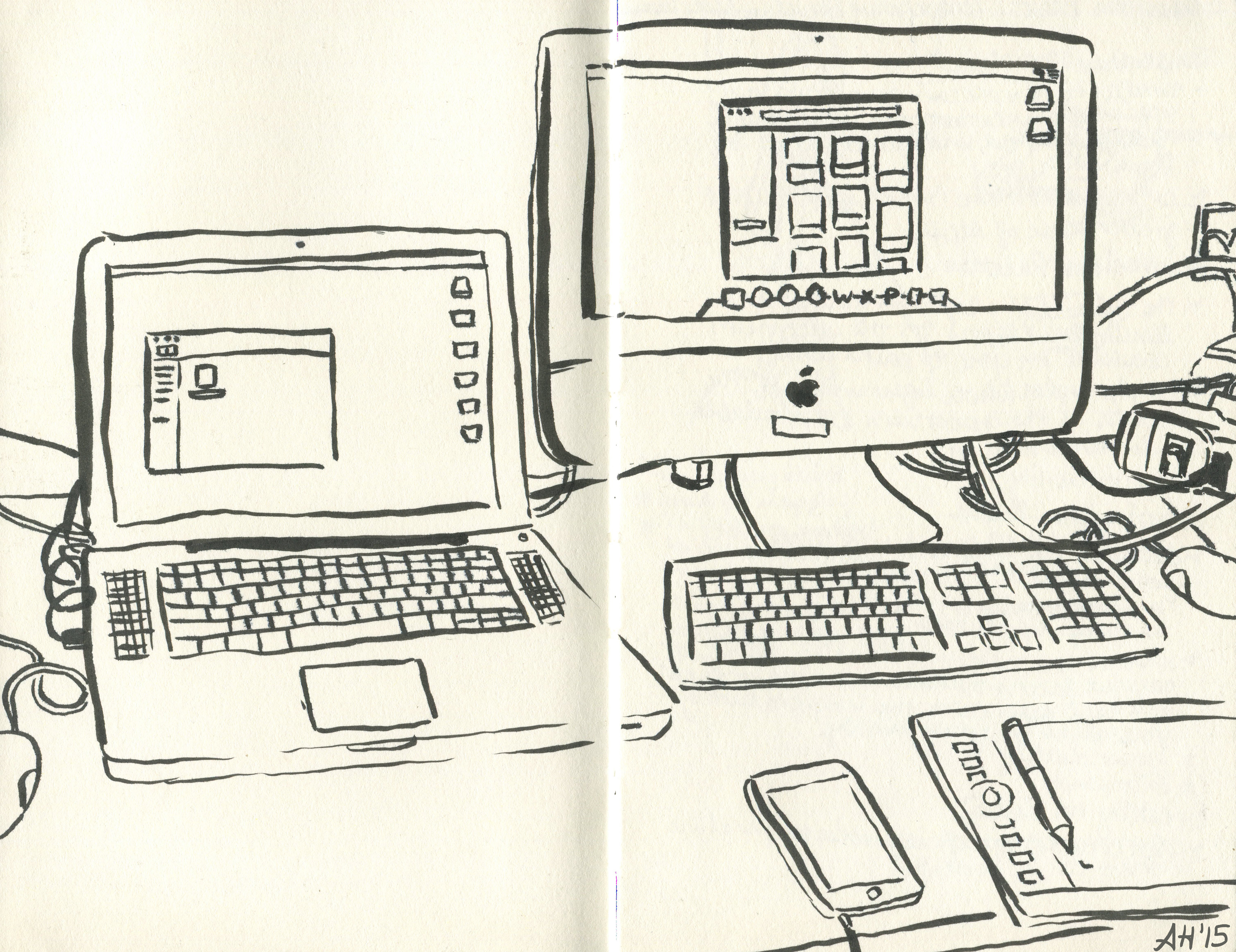 my workspace in imaging workshop including my laptop and the school's desktop