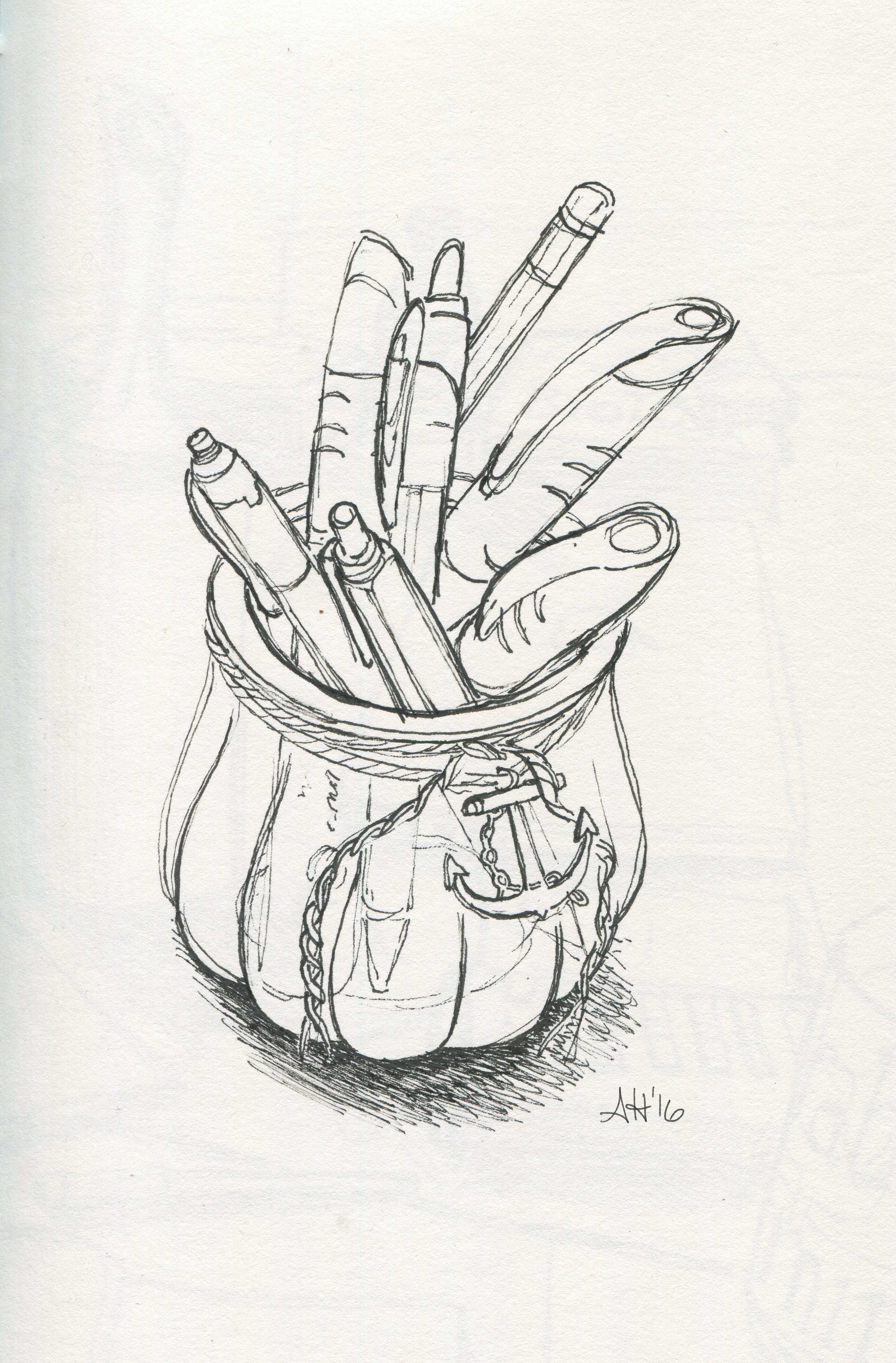 a sketch by alleanna harris of a group of pens in a small glass container