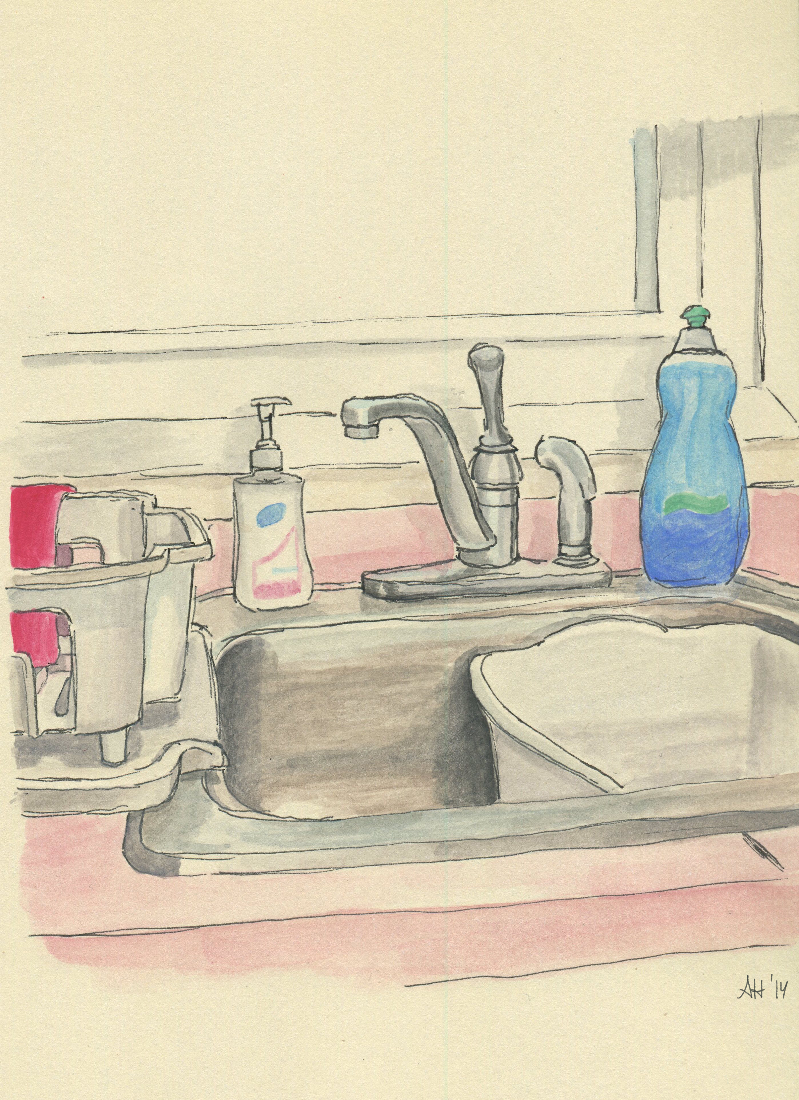 A kitchen sink after washing the dishes, sketched by Alleanna Harris