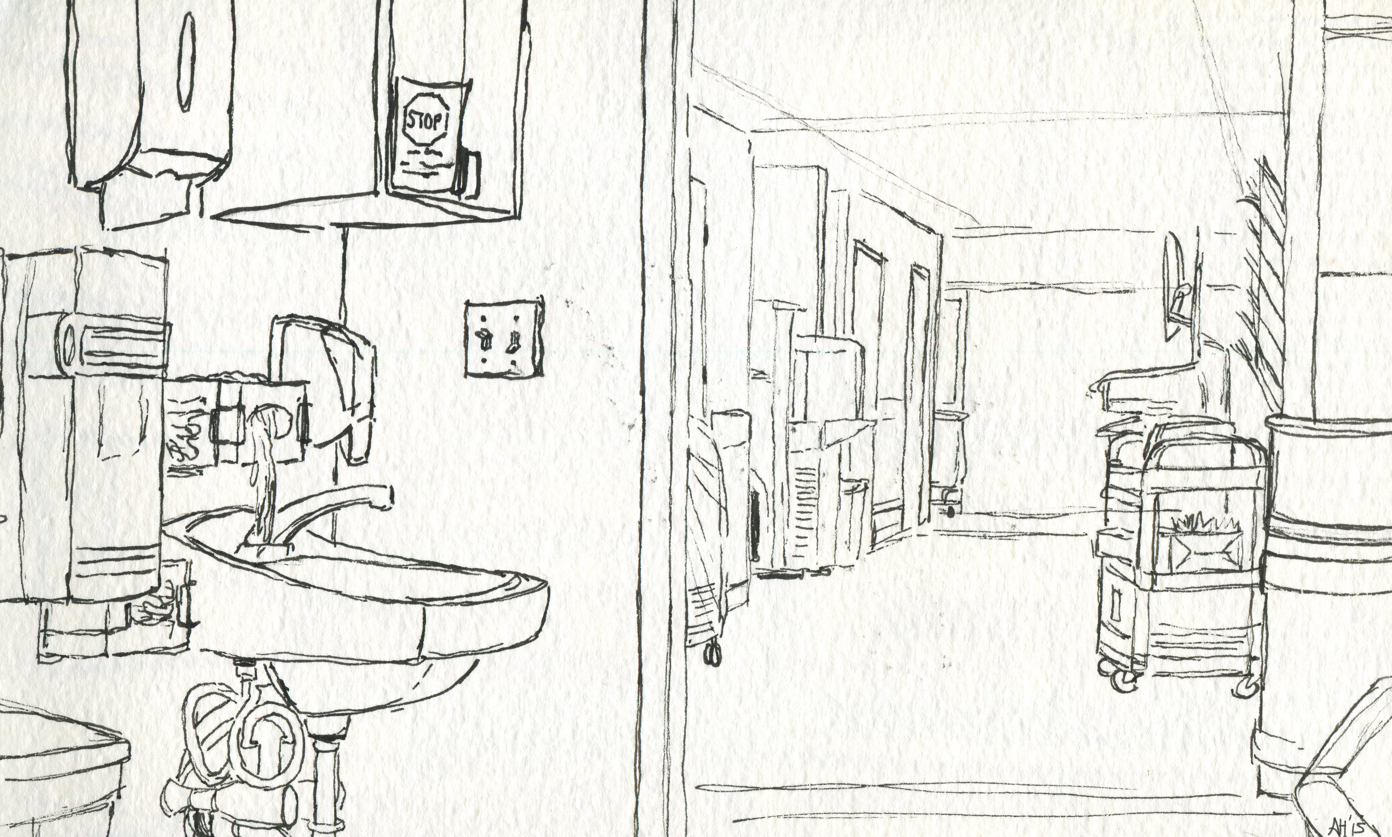 the view of an icu room to the hallway outside sketched by alleanna harris