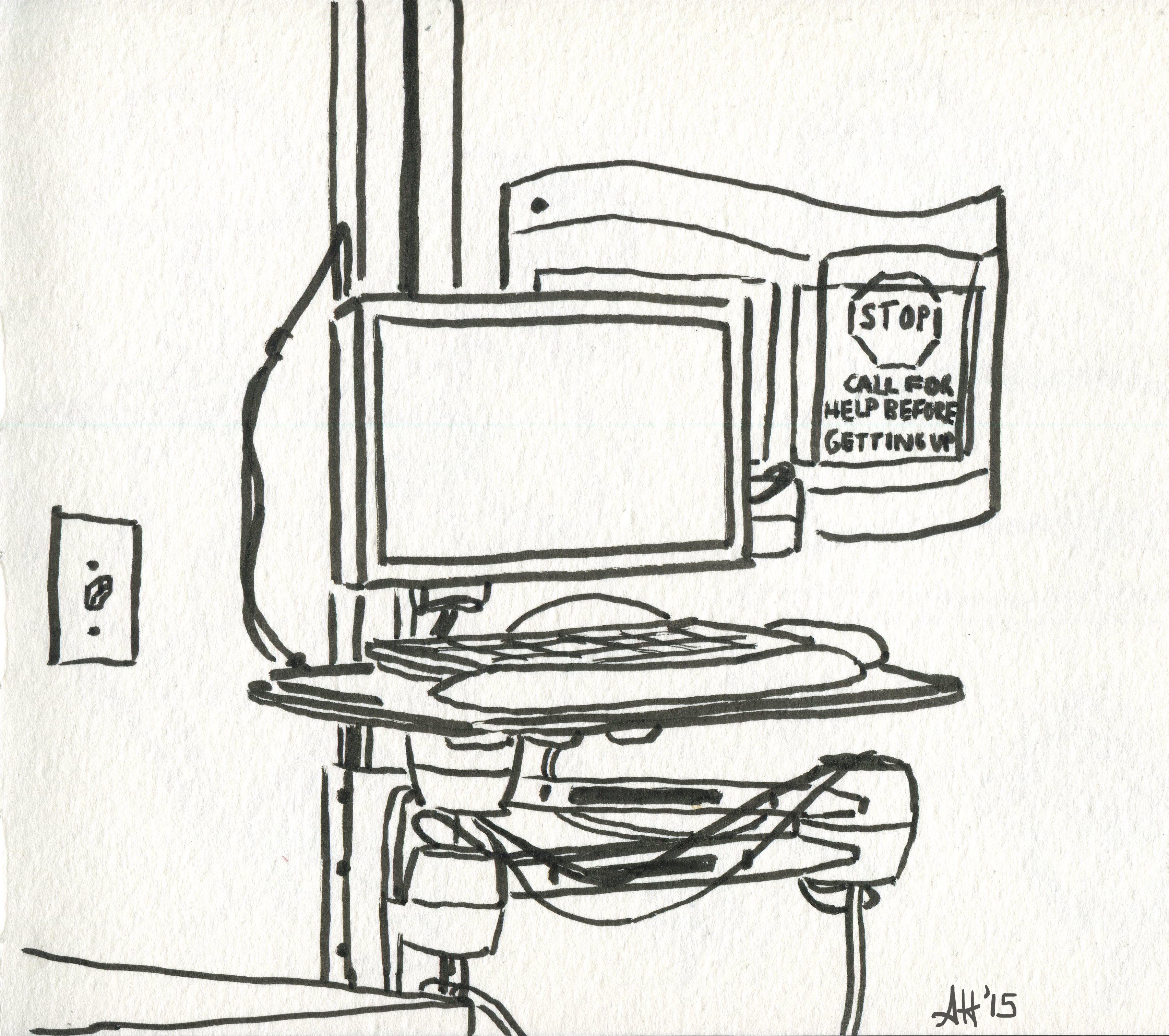 the computer inside of my grandma's icu room sketched by alleanna harris