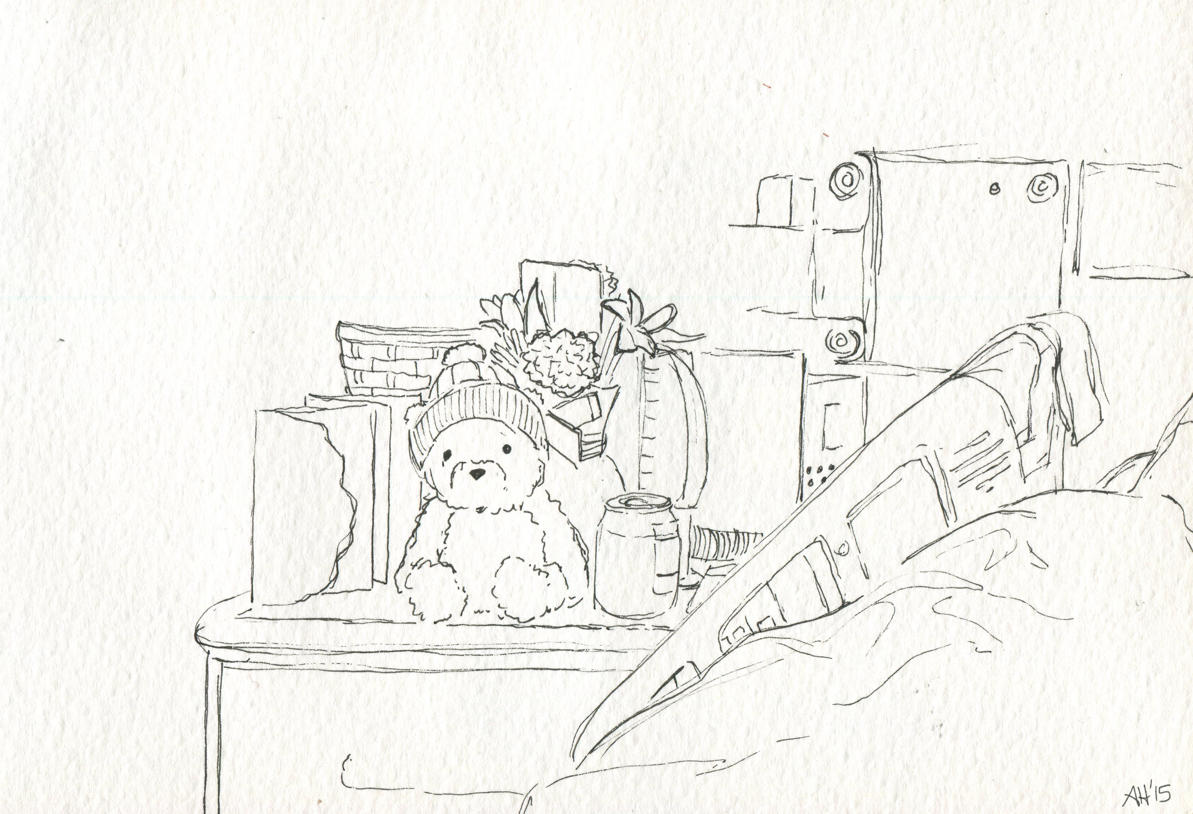 a hospital bedside table full of get well cards, flowers, and a teddy bear, sketched by alleanna harris