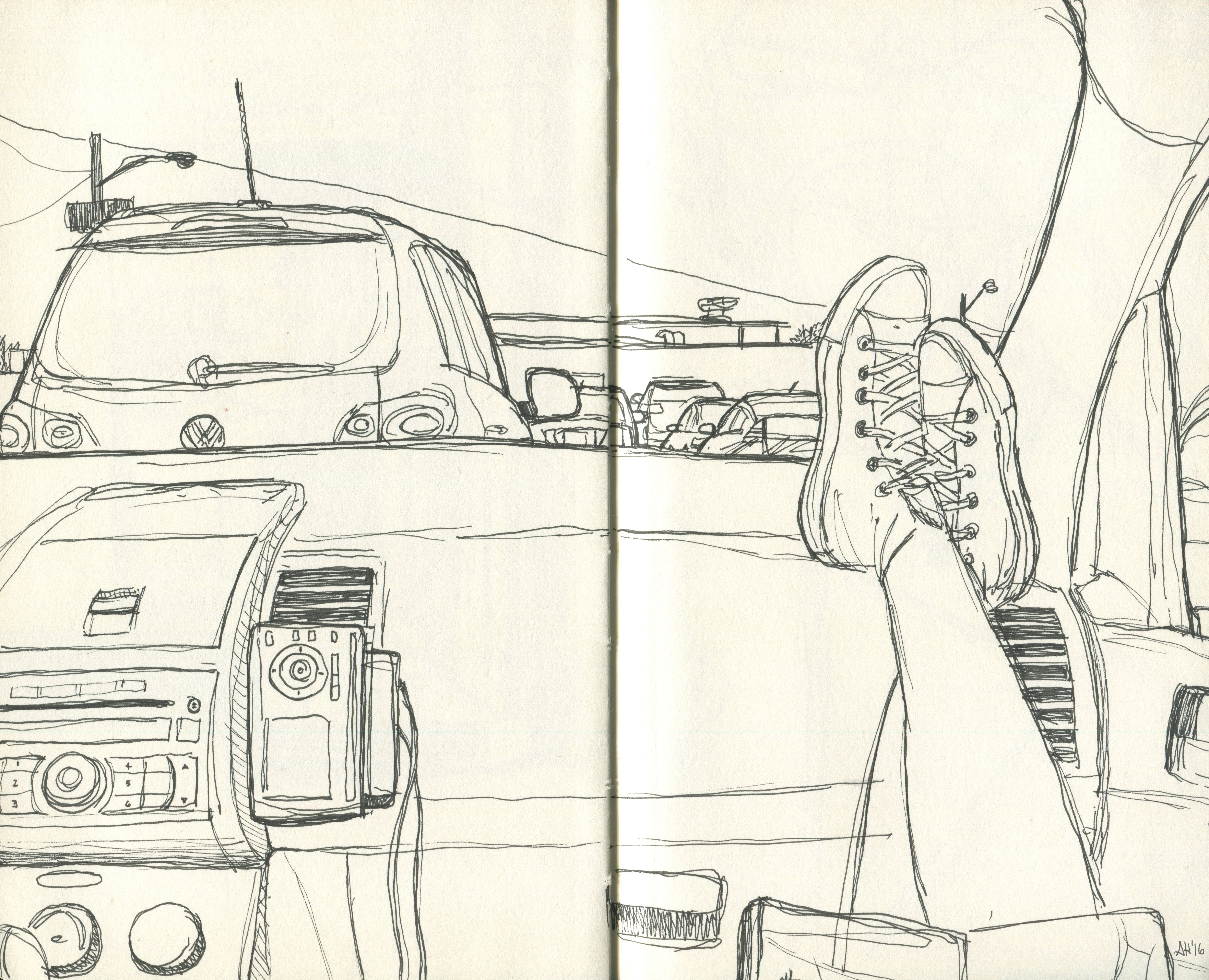 a sketch of the interior of a car while parking in a parking lot by alleanna harris