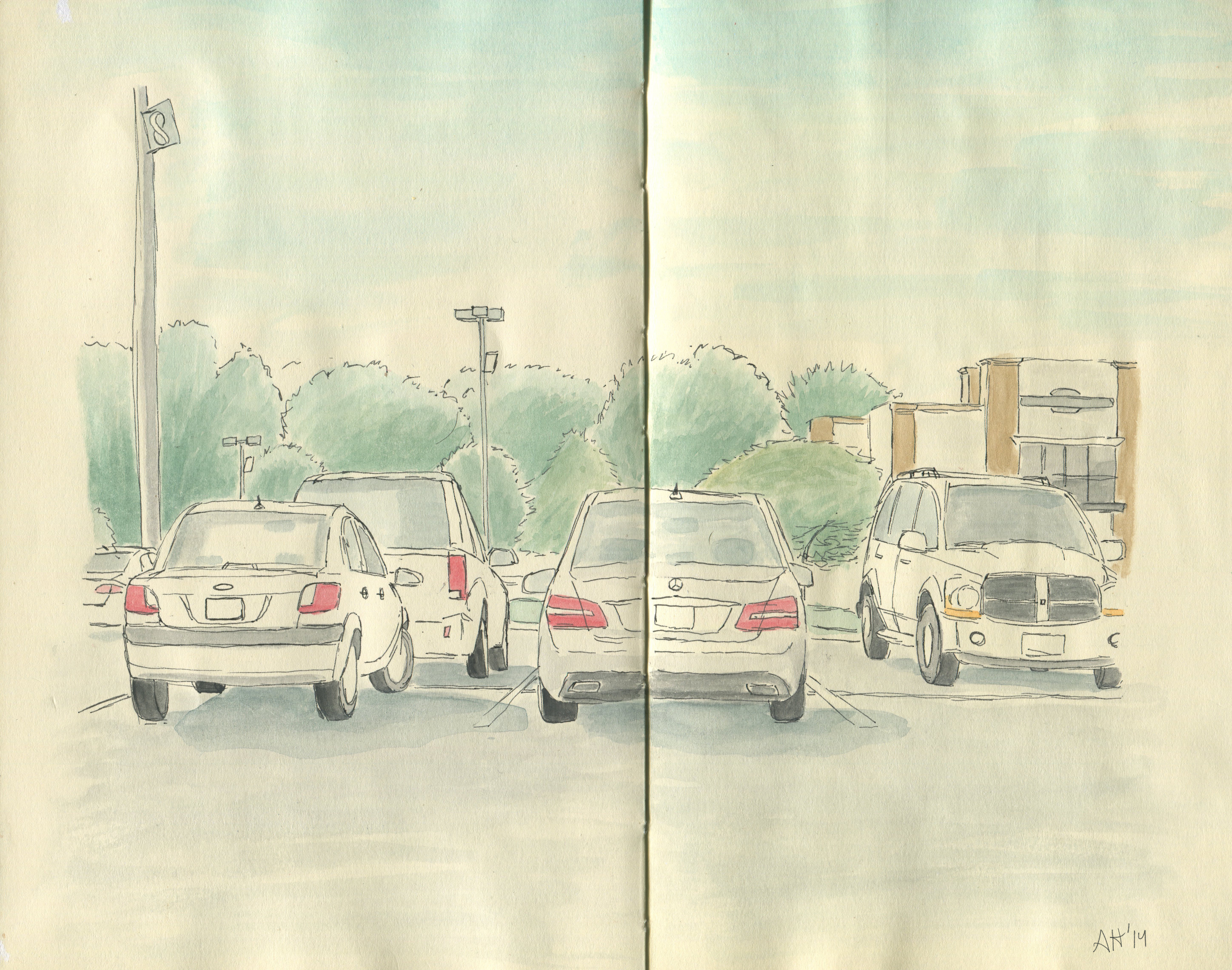 a sketch of the cars parked nearby