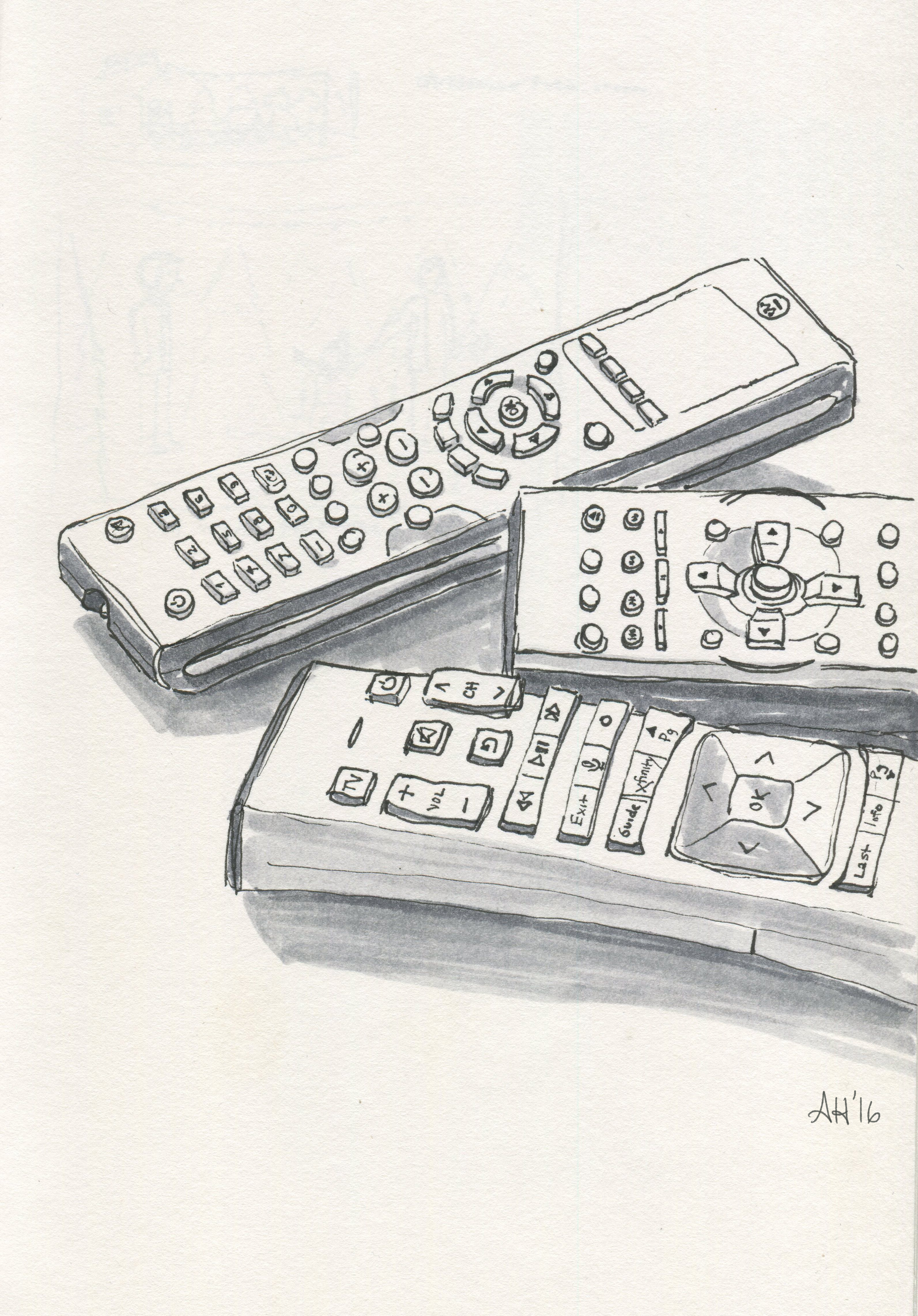 A sketch by alleanna harris of remotes on the coffee table.