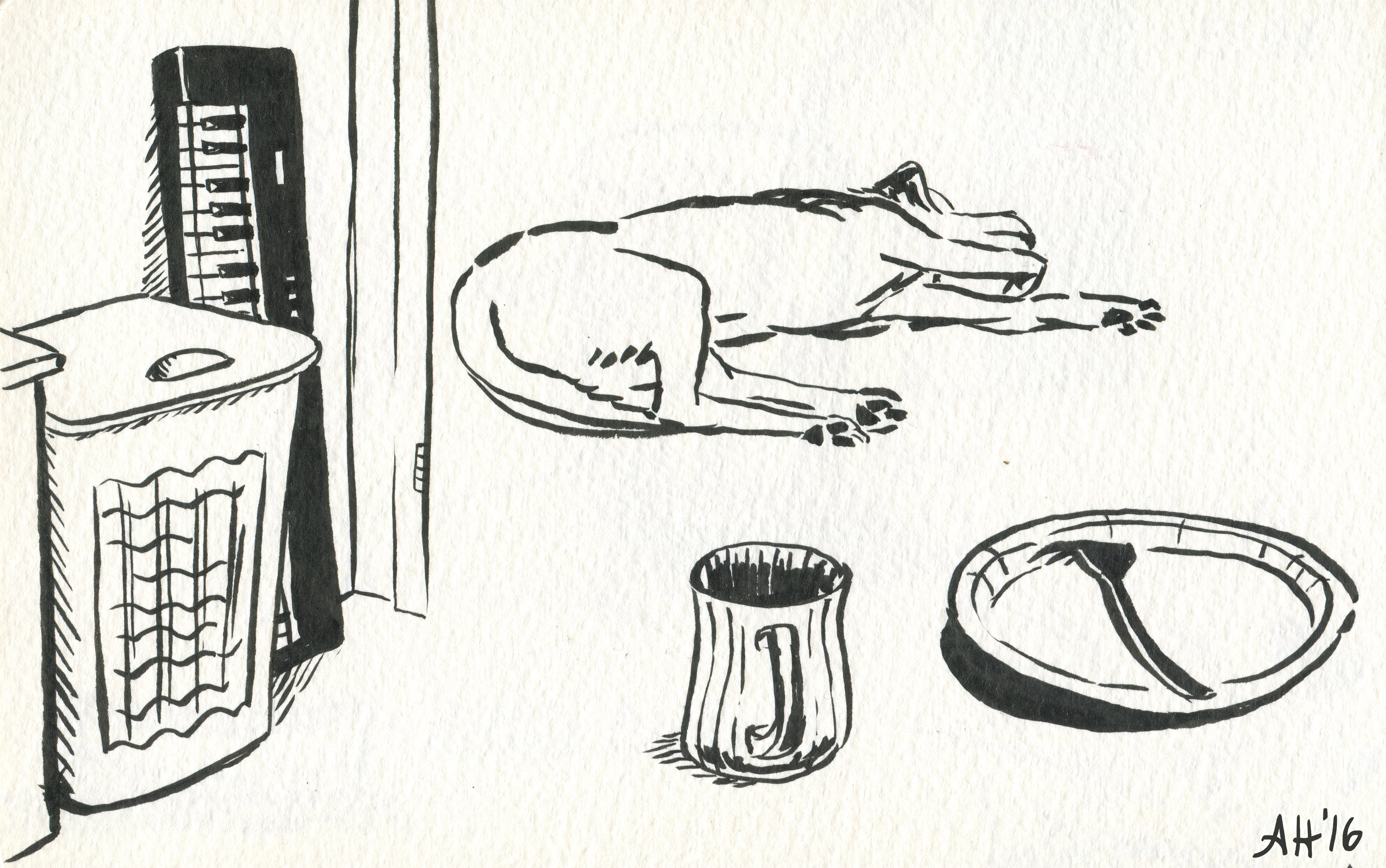 a sketch of a clothes hamper, my yellow lab, a glass cup, and a paper plate by alleanna harris