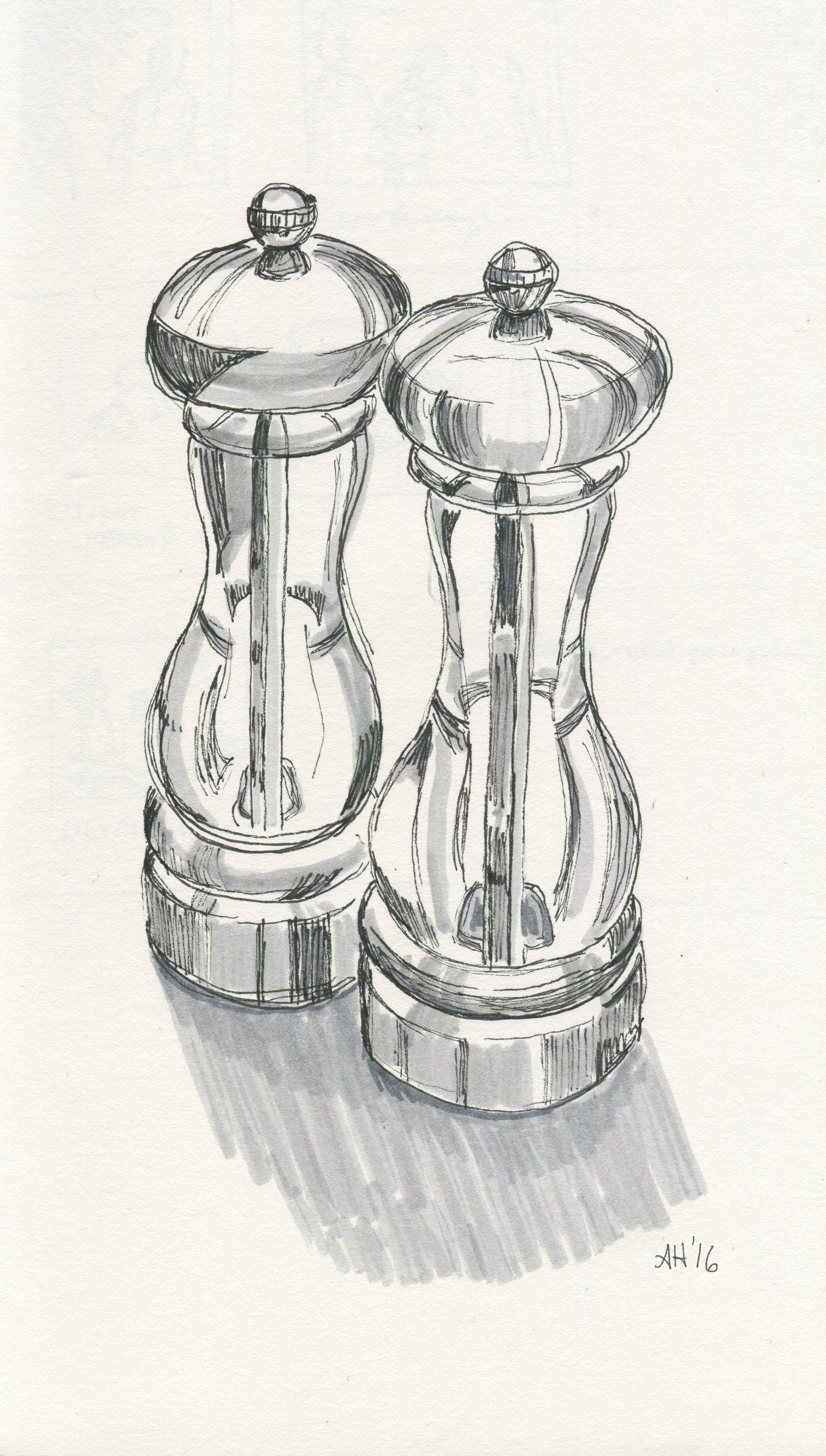 A sketch by alleanna harris of a salt and pepper grinder.