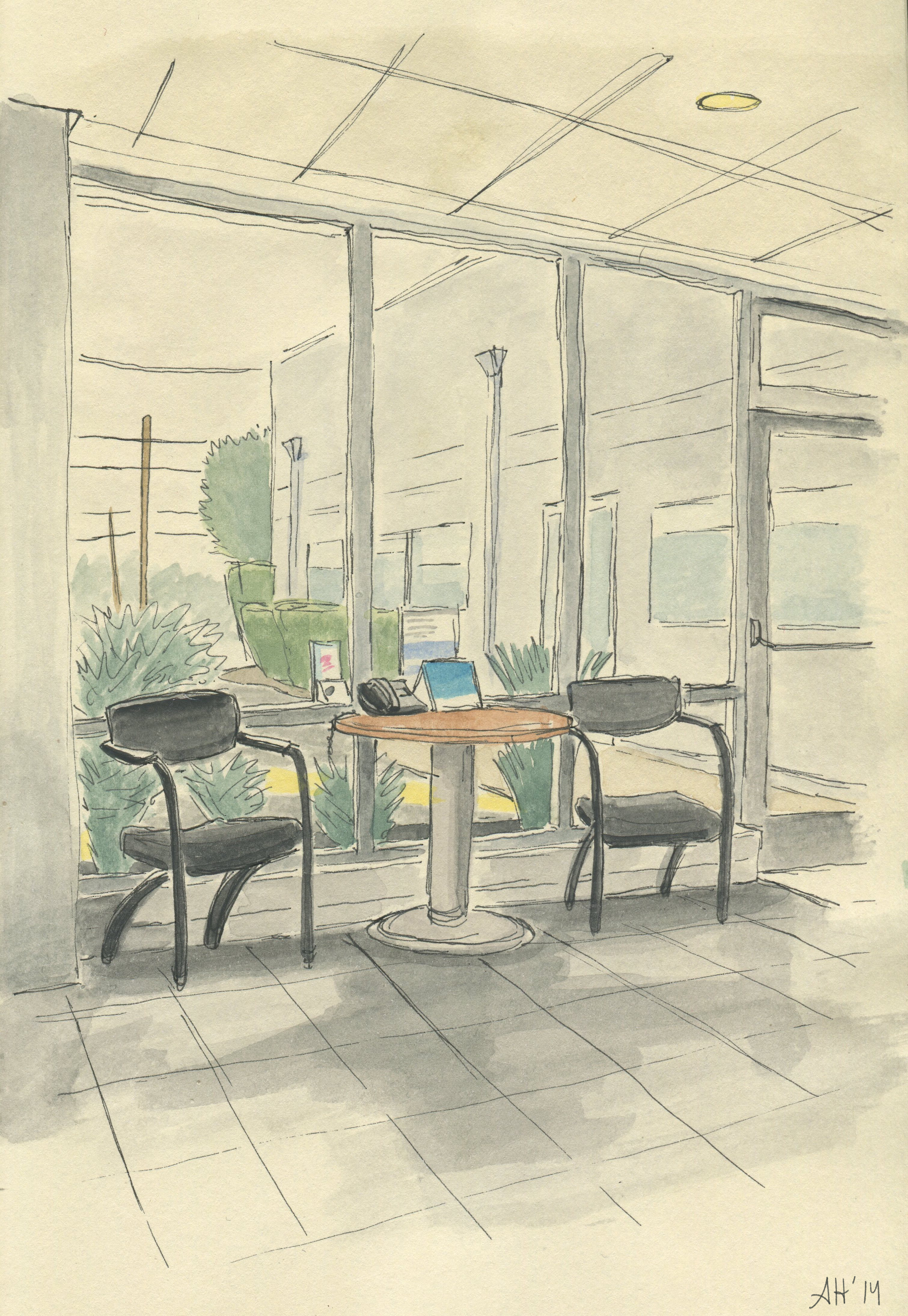 a sketch of the inside of the volkswagen dealership by alleanna harris