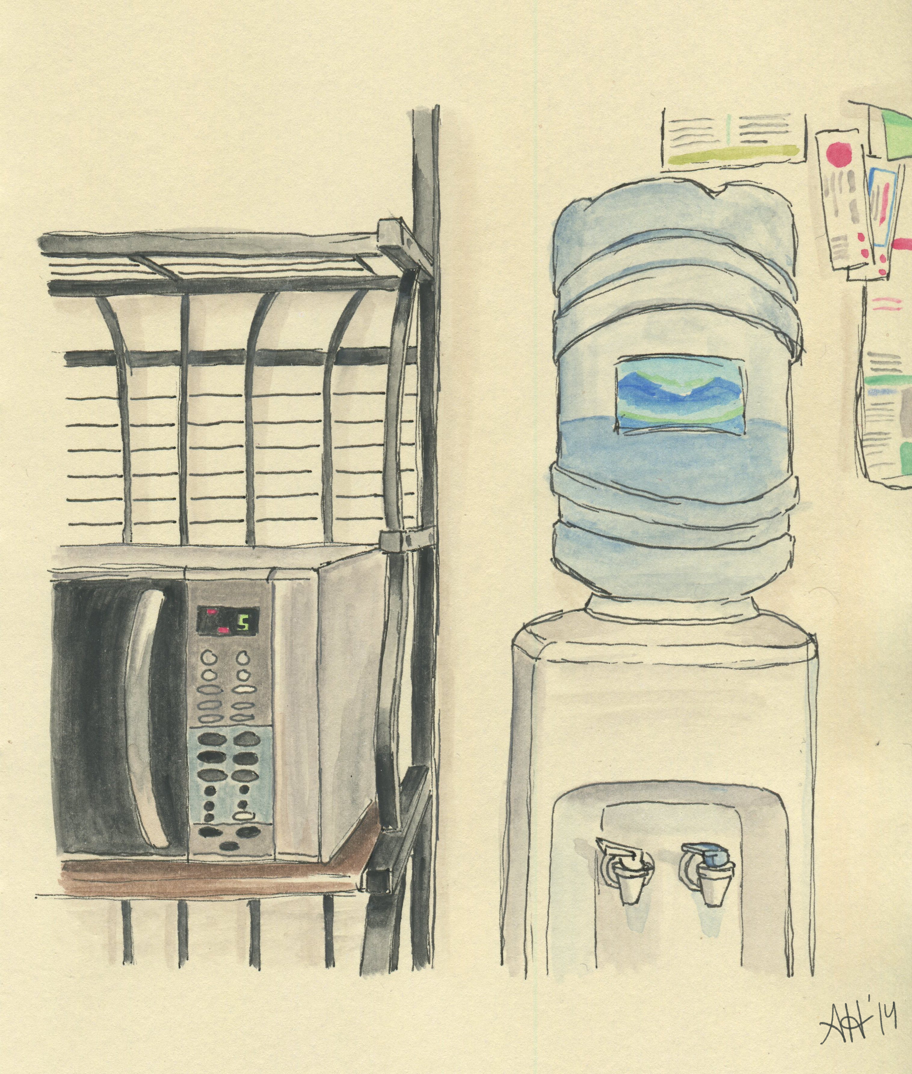 A scene of a microwave and watercooler sketched by Alleanna Harris.