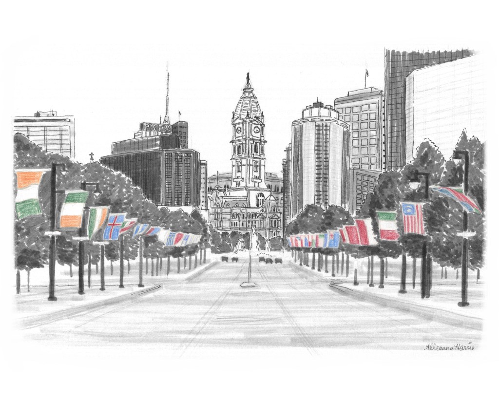 an original drawing by alleanna harris of the flags along Benjamin Franklin Parkway in Philadelphia