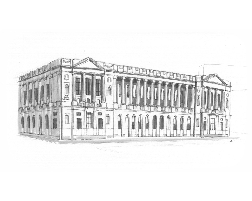 an original drawing by alleanna harris of the free library of philadelphia central parkway building