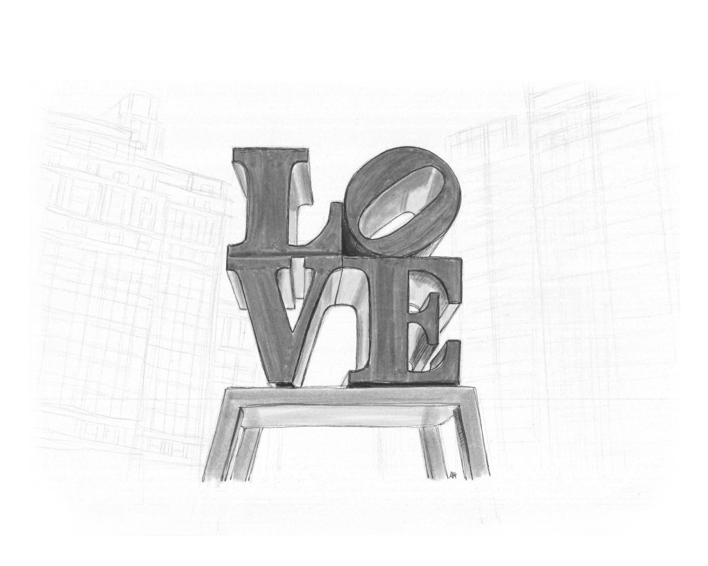 an original drawing by alleanna harris of robert indiana's love sculputure in love park