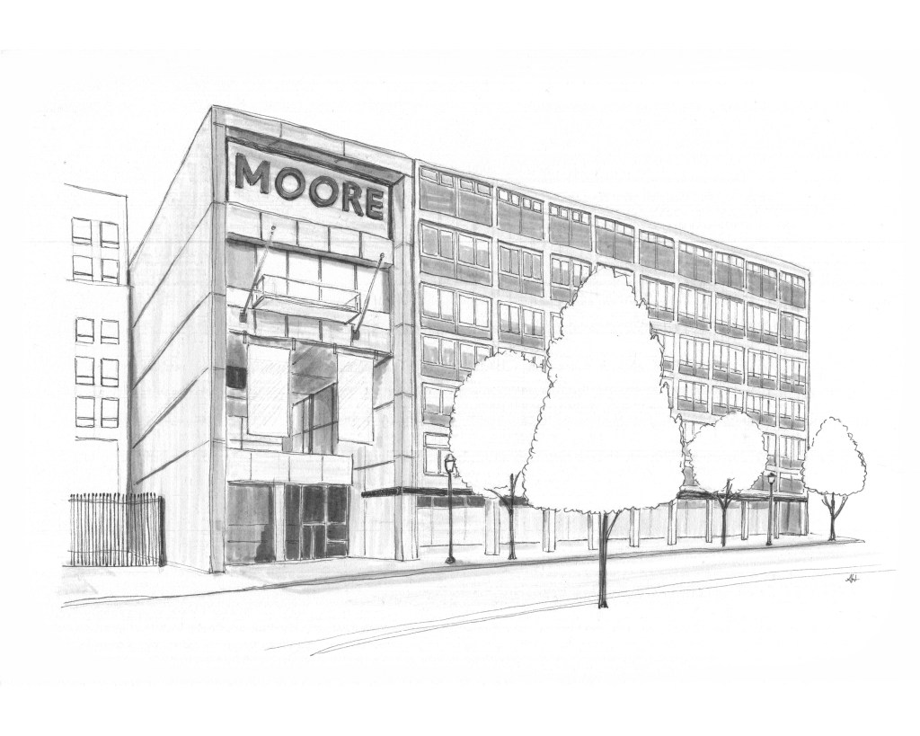 an original drawing of Moore College of Art and Design in Philadelphia by Alleanna Harris