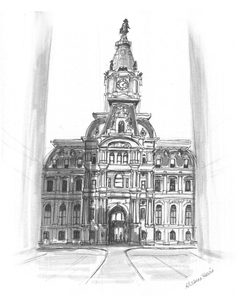 an inktober drawing by alleanna harris of philadelphia city hall