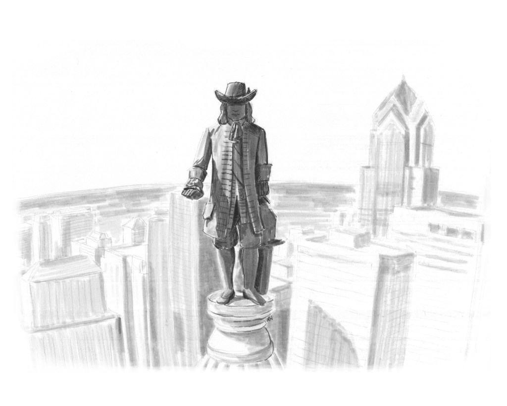 an original drawing by alleanna harris of the william penn statue on top of philadelphia city hall